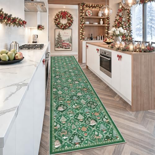 Christmas 2x10 Runner Rugs for Hallway, Green Non Slip Washable Kitchen Rug