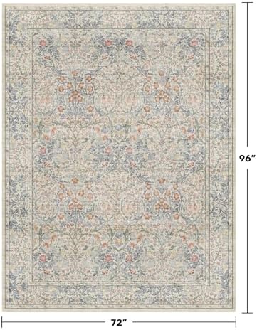 Hazo Haus Boho Beige Blue Living Room Rug 6x8 - Vintage Retro Floral Paste Neutral, Washable Low Pile Non-Slip Large Area Rugs for Dining Under Table, Bedroom