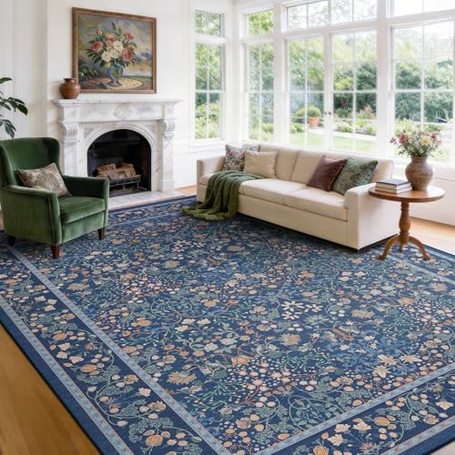 Amada Floral Washable Area Rug,8'x10',Dark Blue