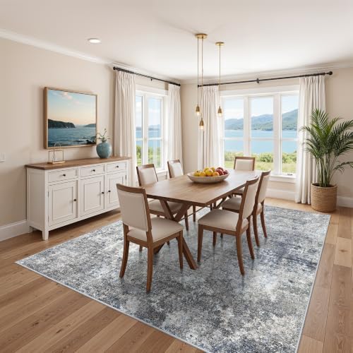 8x8 ft Square Living Room Rug - Washable Modern Neutral Abstract Area Rug for Bedroom, Dining Room, Kitchen Non-Slip Soft Low-Pile Indoor Floor Carpet (Blue Grey, 8x8)