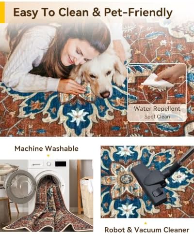RELEANY Washable Area Rug, Runner 3'x12', Red/Orange/Blue/Brown