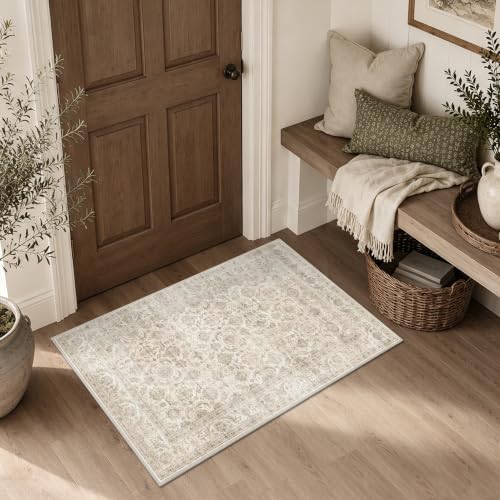 JOOJA 9x12 Beige Vintage Floral Low Pile Non Slip Washable Neutral Area Rug