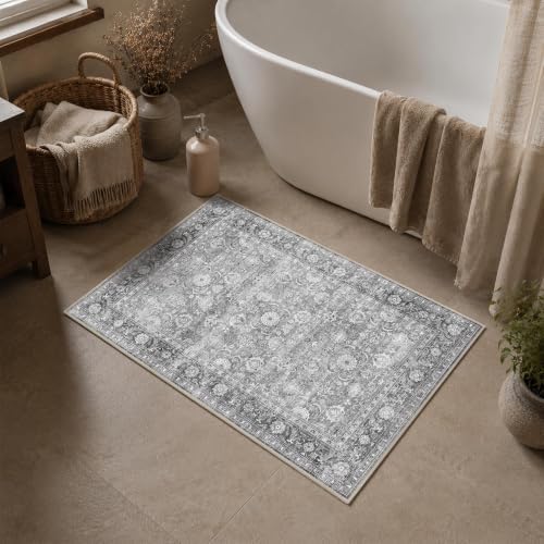 JOOJA 2x3 Grey Vintage Low Pile Non Slip Washable Boho Entryway Throw Rug