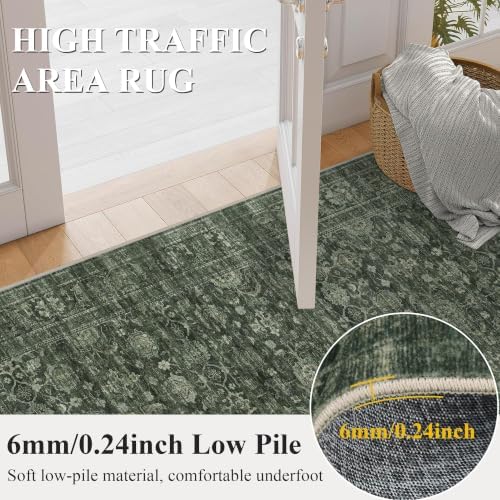 JOOJA 4x4 Dark Green Vintage Low Pile Washable Boho Small Round Kitchen Rug