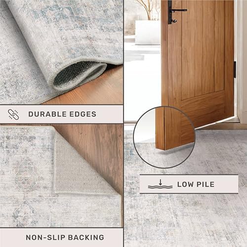 Washable Light Blue Rugs for Entryway Indoor - 3x4 Throw Rug for Large Kitchen, Bedroom Bedside, Bathroom, Mudroom, Modern Abstract Medallion Décor, Non Slip Low Pile Fade Resistant, Distressed Design