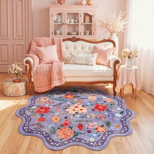 Macgace Floral Round Rug for Girls Bedroom, Washable 4ft Purple Area Rugs
