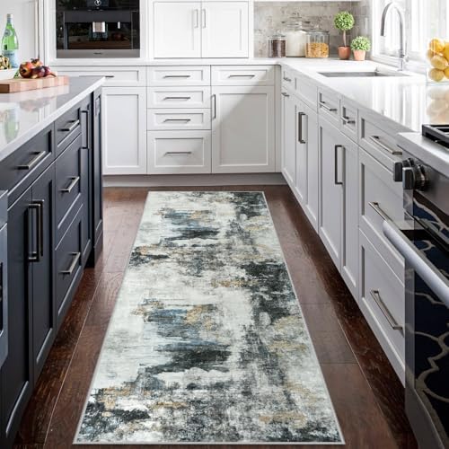Aelenmu Runner Rugs for Hallways Kitchen 2.6x8 Non Slip Washable Black Gold