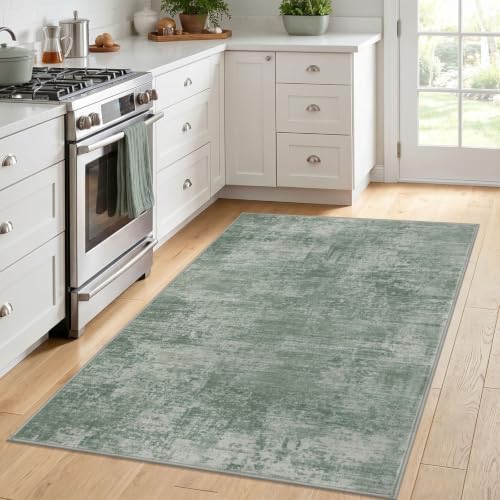 IOHOUZE Abstract Area Rug 4x6 Ft Washable Rugs for Entryway Indoor, Non Slip Small Living Room Rugs Printed Faux Wool Throw Rug, Floor Carpet for Kitchen Nursery Playroom, Sage Green