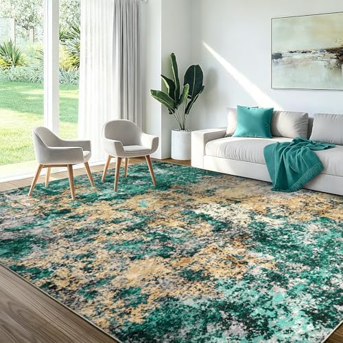 Washable Area Rug for Living Room: 10X14 Modern Abstract Neutral Soft Rug for Bedroom Dining Room No Slip Low Pile Carpet for Nursery Home Office - Teal/Orange