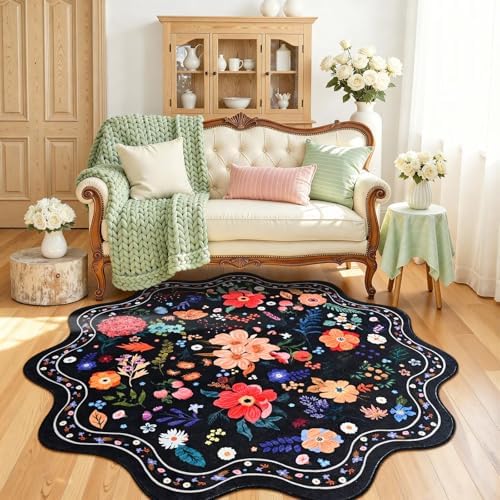 Macgace Floral Round Rug for Girls Bedroom, Washable 5ft Black Area Rugs