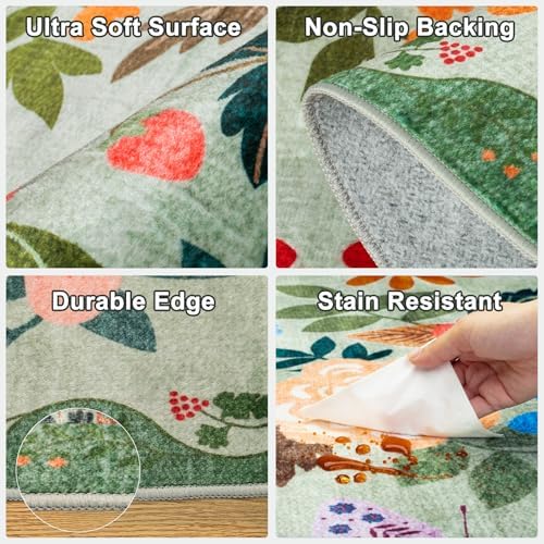 PLHXFR Area Rug 10x12 Living Room: Floral Washable Boho Soft Carpet Green