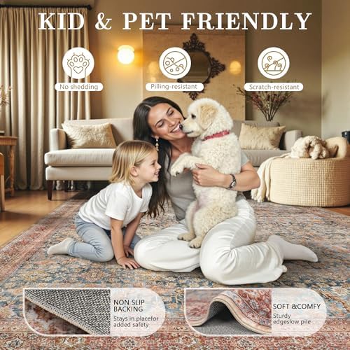 9x12 Area Rugs for Living Room - Washable Vintage Retro Large Rug, Soft Ultra Thin Non Slip Low Pile Traditional Distressed Boho Carpet for Bedroom Dining Room Home Office, Rust Clay