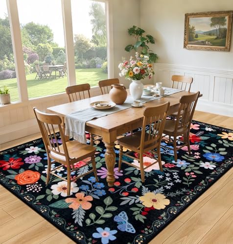 PLHXFR Area Rug 10x14 Living Room: Floral Washable Boho Soft Carpet Black
