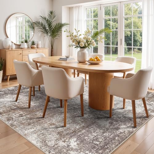 7x7 Area Rug Square Washable – Non-Slip Soft Indoor Carpet for Dining Room Living Room Kitchen Bedroom – Modern Abstract Neutral Low-Pile Accent Rug (Brown Beige, 7x7)