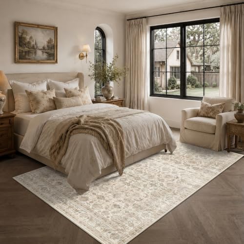 JOOJA 6x9 Beige Neutral Vintage Boho Washable Area Rug, Soft Floor Carpet