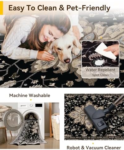 RELEANY Washable Area Rug, Square 4'x4', Black/Neutral