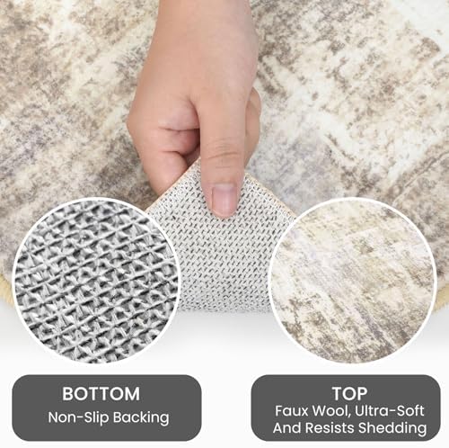 IOHOUZE Abstract Area Rugs 5x7 Ft Washable Rugs for Living Room, Non Slip Dining Room Rug, Printed Faux Wool Rugs for Bedroom, Floor Carpet for Office Nursery Playroom, Beige Brown