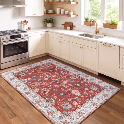 Hanples 3x5 Washable Rugs for Entryway, Vintage Floral Door Mat, Red