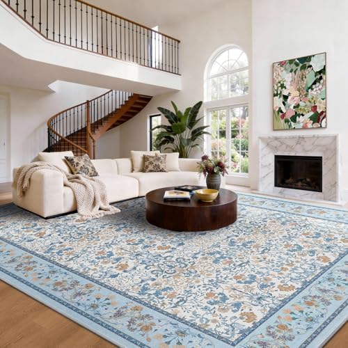 Amada Floral Washable Area Rug,8'x10',Light Blue