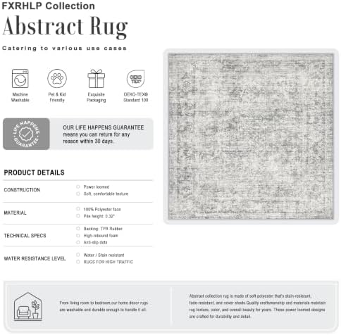 Area Rug Living Room: 5x5 Modern Washable Soft Carpet Black Grey