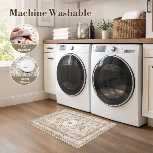 cotiled 2x3 Area Rug for Living Room, Washable, Traditional, Beige