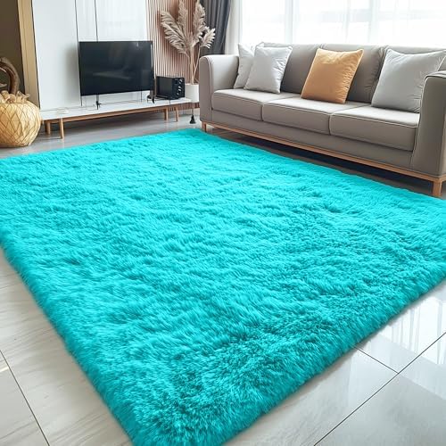 OLANLY 9x12 Machine Washable Large Area Rugs for Living Room, Bedroom, Soft Fluffy Shaggy Bedside Rug, Indoor Floor Carpet for Kids Girls and Boys, Dorms, Nursery, Home Decor Aesthetic, Teal Blue