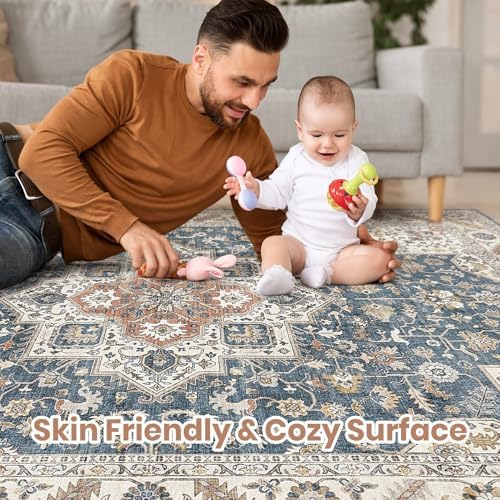 cotiled 5x8 Area Rug for Living Room, Washable, Traditional, Vintage Blue