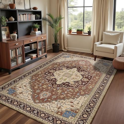 Macgace Washable Vintage Area Rug for Living Room, 5x7 Rugs Mousse Brown