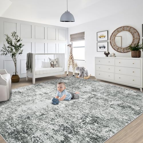XLUEZ 8x10 Area Rugs for Living Room, Washable Modern Abstract Large Area Rug Neutral Soft Non Slip Kids Rug Stain Resistant Indoor Carpet for Bedroom Nursery Dining Room Playroom(Grey, 8'x10')