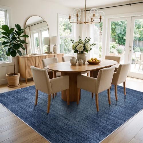 8x8 ft Square Living Room Rug - Washable Modern Neutral Abstract Area Rug for Bedroom, Dining Room, Kitchen Non-Slip Soft Low-Pile Indoor Floor Carpet (Navy Blue, 8x8)