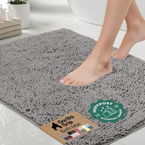 GORILLA GRIP Bath Rug Mat for Bathroom, Absorbent Chenille, 48x17 Gray