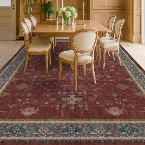 7x9 Dining Room Rugs for Under Table - Vintage Burgundy Boho Living Room Rug, Lightweight Washable Soft Floor Carpet,Southwestern Bed Room Décor Aesthetic