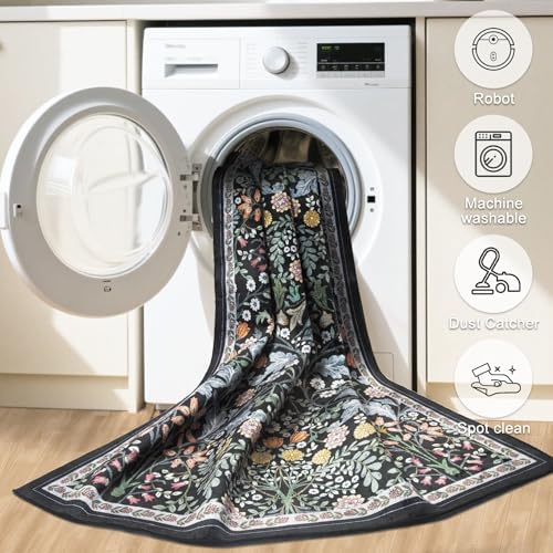 PLHXFR 6x9 Area Rug Living Room: Floral Washable Boho Carpet Dark Black