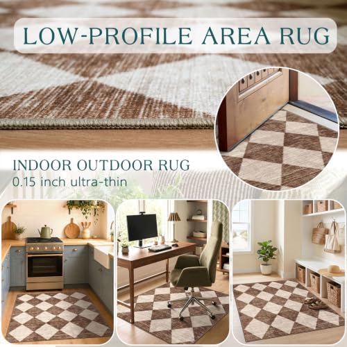 Brown Beige Checkered Entry Rug - 3x4 Non-Slip Washable Indoor Outdoor Front Door Mat Porch Rug Farmhouse Diamond Throw Carpet for Living Room Bedroom Entryway Kitchen Office Fall Porch Decor
