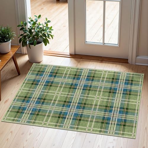 Front Door Mat Outside Entrance, 2x3 Green Teal Tartan Plaid Rug