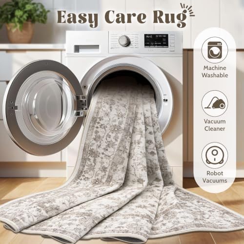 Living Room Rugs 8x10: Washable Moroccan Geometric Boho Rug Farmhouse Non Slip Stain Resistant Large Rug Low Pile Soft Carpet for Bedroom Dining Room Children Room (Grey Floral,8'x10')
