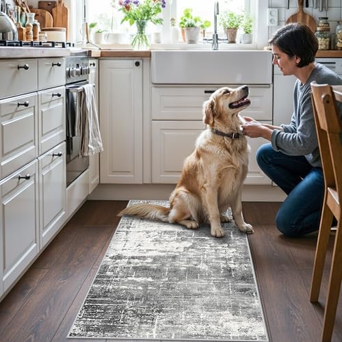Abstract 2x4 Entryway Area Rugs: Washable Water Resistant Kitchen Rug Non-Slip Durable Doormat Ultra Soft Bedroom Beside Carpet Indoor Low Pile Floor Mat for Bathroom Stove Sink Area(2x4,Black/Grey)