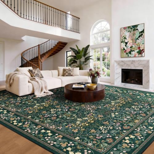 Amada Floral Washable Area Rug,8'x10',Dark Green