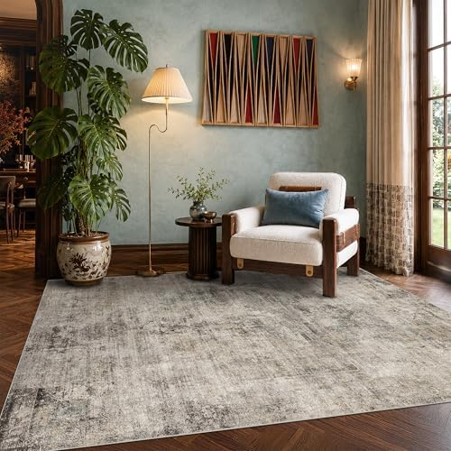 Washable 4x6 Rug for Small Living Room, Area Rug for Kitchen, Bedside, Large Entryway Indoor - Stain Resistant Non Slip with Rubber Backing, Unique Floral Aesthetic Décor, Taupe, Distressed Design