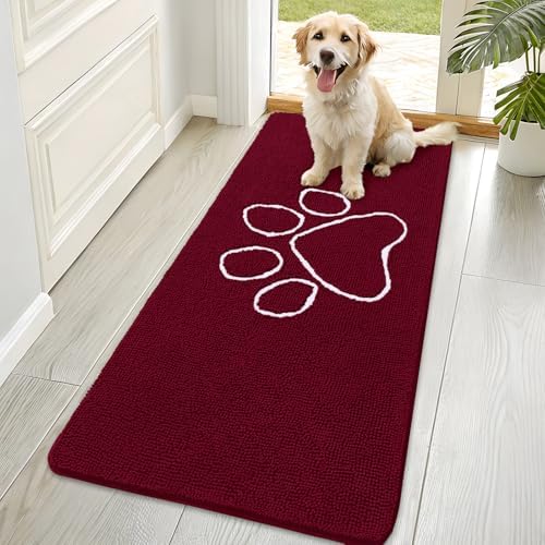 OLANLY Dog Door Mat for Muddy Paws 70x35, Paw Print Design Chenille Mud Mat
