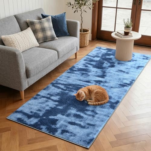 2x6 Tie-dye Teal Runner Rug Non-Slip Washable for Hallway Kitchen Bedroom