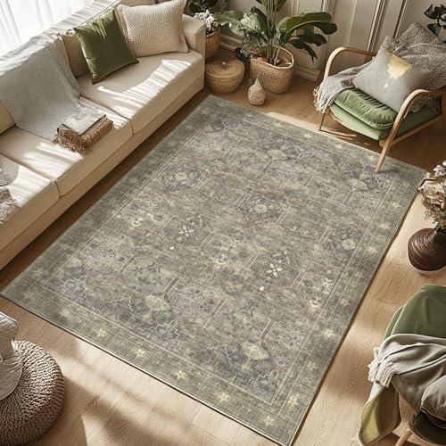 5x7 Rugs for Living Room Persian Floral Boho Area Rug,Carpet for Bedroom Machine Washable Non-Slip Large Rug,Low Pile Dining Room Rugs for Under Table