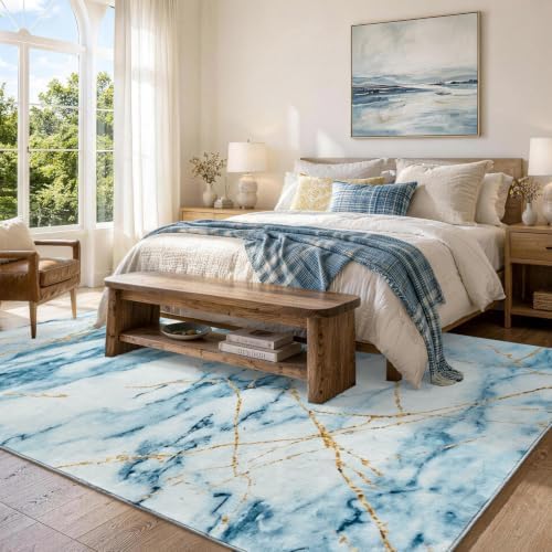 6x9 Washable Non-Slip Area Rug for Living Room (Gold Blue)