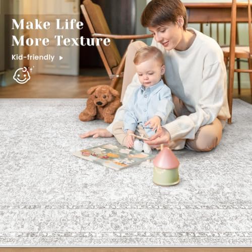10x14 Area Rugs for Living Room: Washable Large Vintage Floral Rug Low Pile Non-Slip Boho Carpet for Bedroom Home Office Dining Room (FloralGrey, 10'x14')