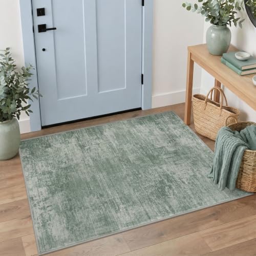 IOHOUZE Abstract Area Rug 3x4 Ft Washable Rugs for Entryway Indoor, Non Slip Kitchen Rug Printed Faux Wool Throw Rugs, Indoor Door Mat for Door Entrance Foyer Living Room, Sage Green