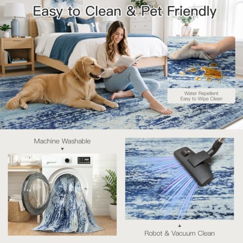 9x12 Area Rug for Living Room, Abstract Washable Non-Slip Rugs,Mist Blue