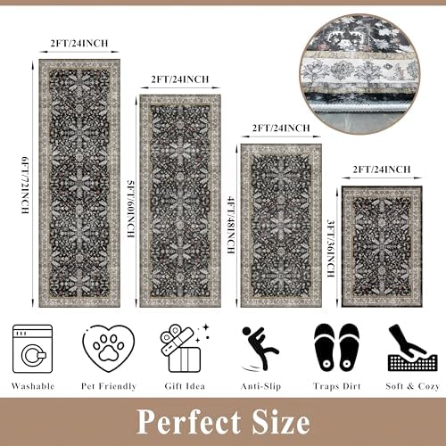 Kitchen Rug Sets 4-Piece with Runner – Washable Non-Slip Floor Mats for Sink, Entryway, Hallway, Bathroom – Soft Low-Pile Thin Boho Floral Rugs, New Home Decor (Black, 2x3+2x4+2x5+2x6)