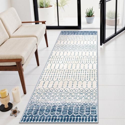 Lahome Runner Rug 2x8 Hallway Rug Runner Washable Non-Slip Kitchen Carpet Untra- Thin Throw Blue Mat, Moroccan Geometric Print Indoor Floor Mat for Entryway Laundry Bedroom Hana