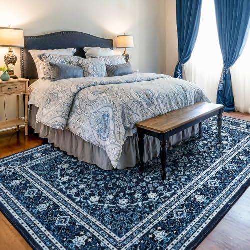 Lessymo Washable Area Rug 6x9 Living Room, Soft Bedroom Rugs Blue White