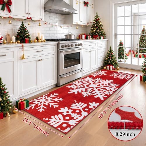 HEBE Christmas Runner Rug 2'x6', Vintage Snowflake Hallway Rug Runners